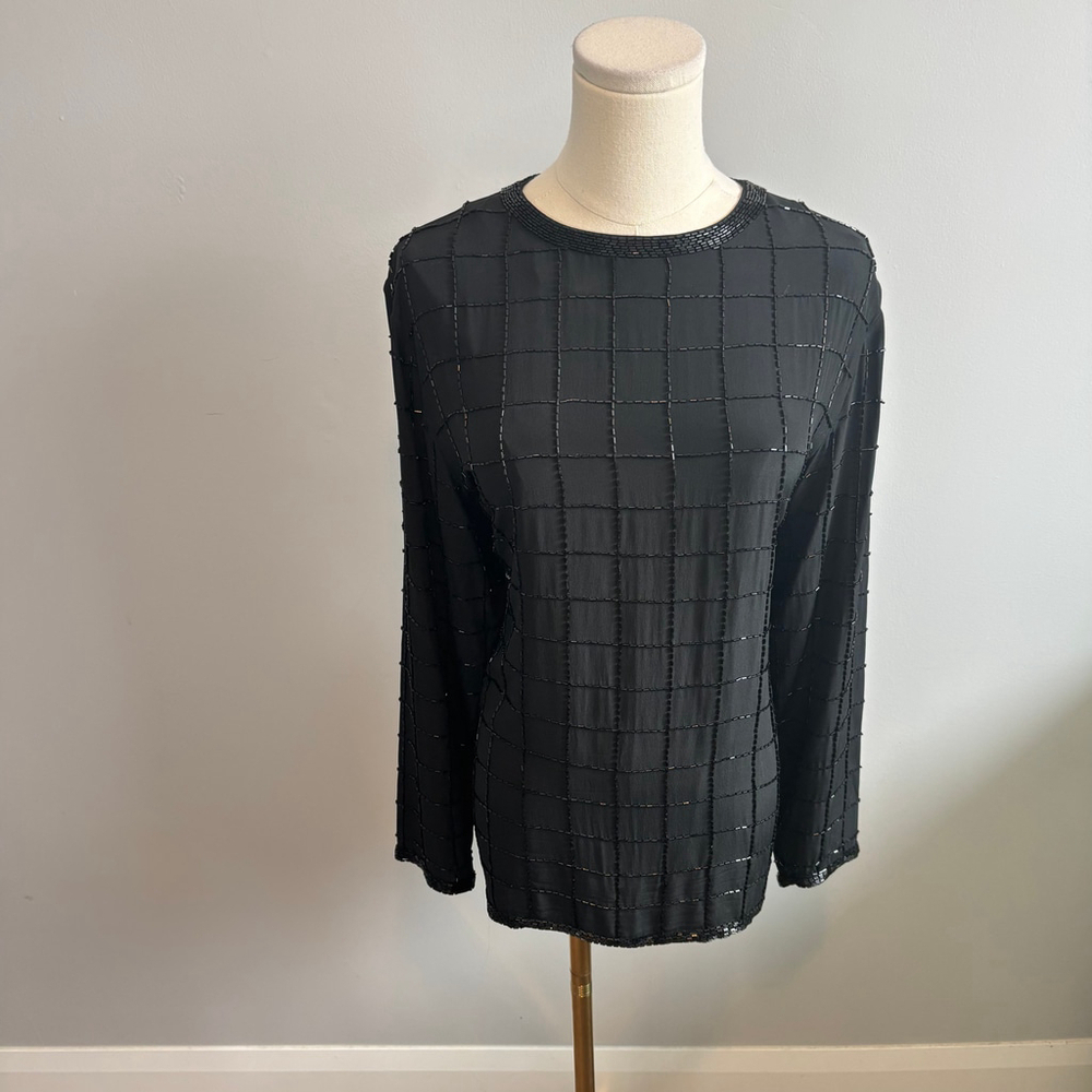 Ciao Ltd Vintage Women's Silk Beaded Black Long Sleeve Blouse, SZ 12